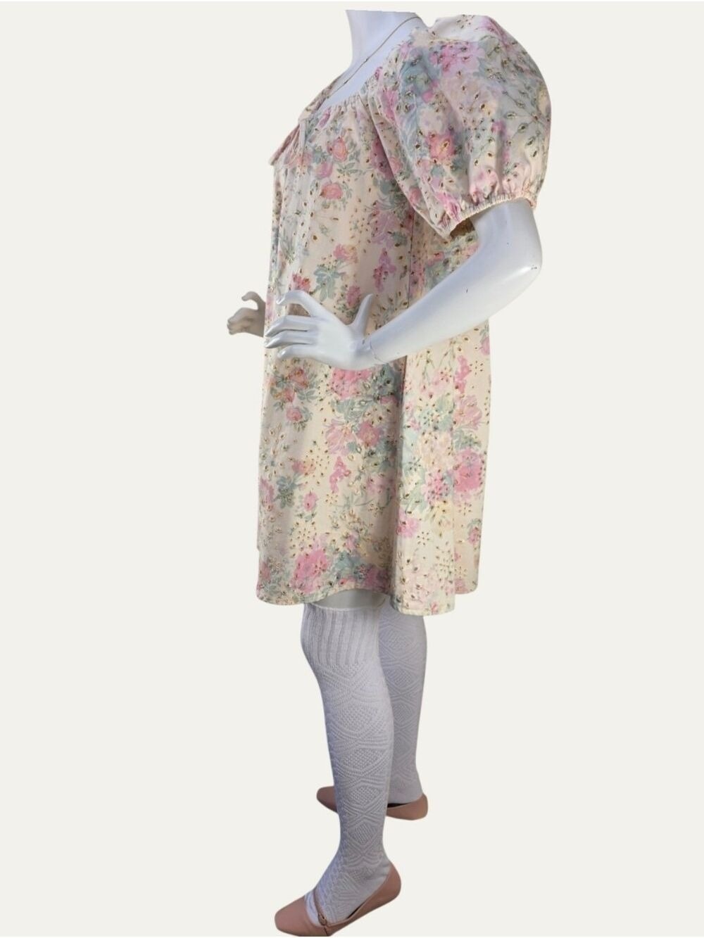 GeeGee Floral Eyelet Puff Sleeve Babydoll Dress Pockets Coquette NWT Small - Picture 9 of 14